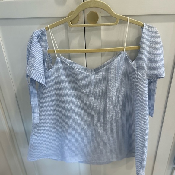 THML medium Blue Striped Women's Top off shoulder - Picture 4 of 4